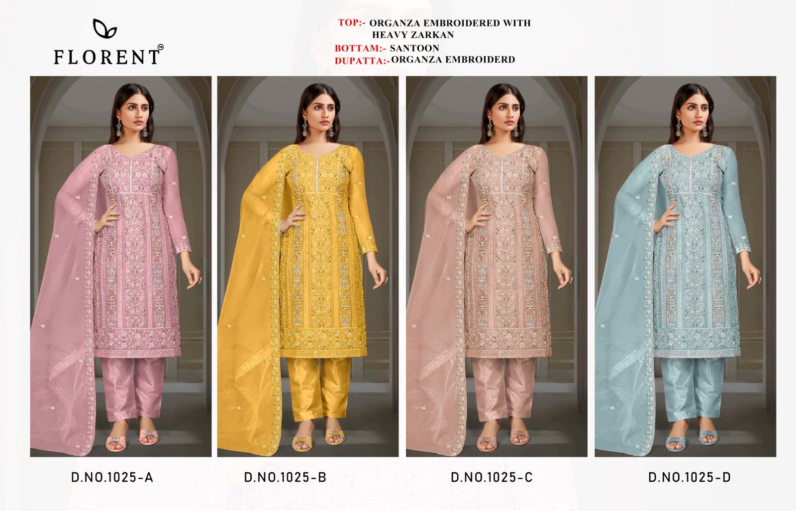 Florent 1025 A To D Organza Embroidered Pakistani Salwar Kameez